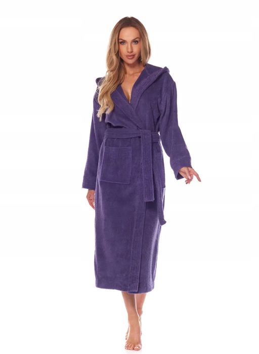 Довгий жіночий махровий халат з капюшоном L&L 2102 Fiolet M