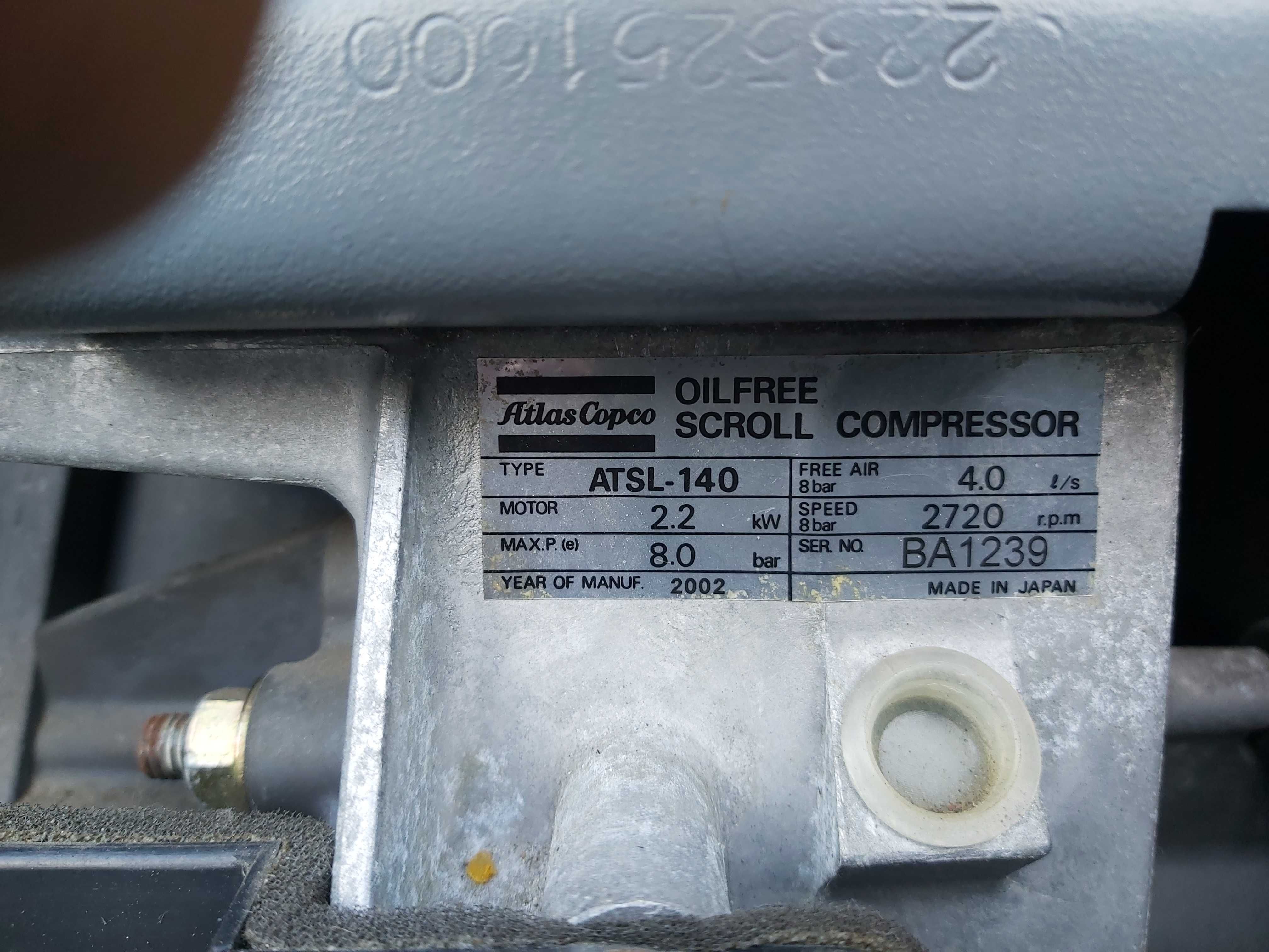 Sprężarka Spiralna Bezolejowa ATLAS COPCO 2,2 kw