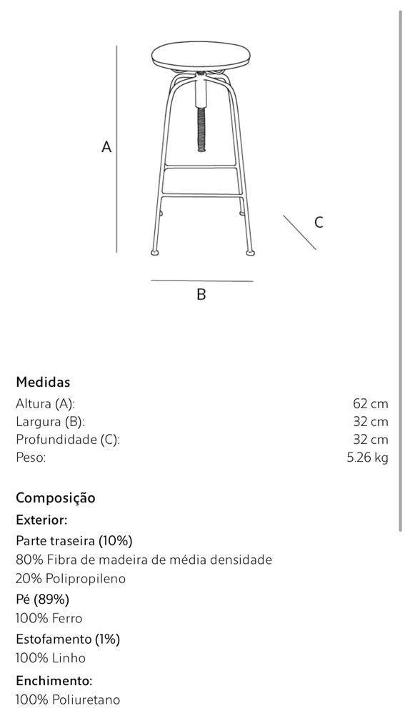 Banqueta Alta Giratória Linho Zara Home NOVO