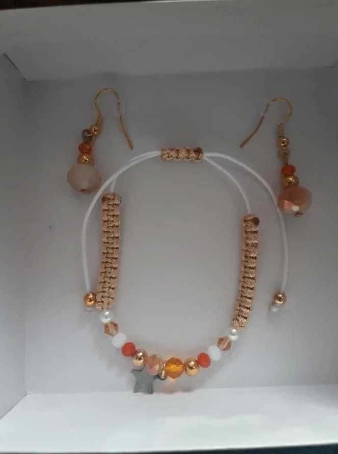 Komplet biżuterii złoty pomarańczowy bransoletka sznurkowa kolczyki