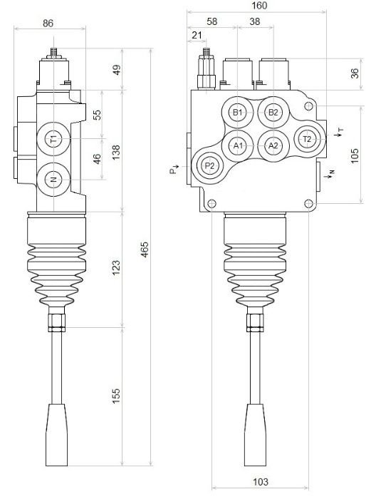 3/24 ROZDZIELACZ HYDRAULICZNY 2 sekcji 80L z joystickiem