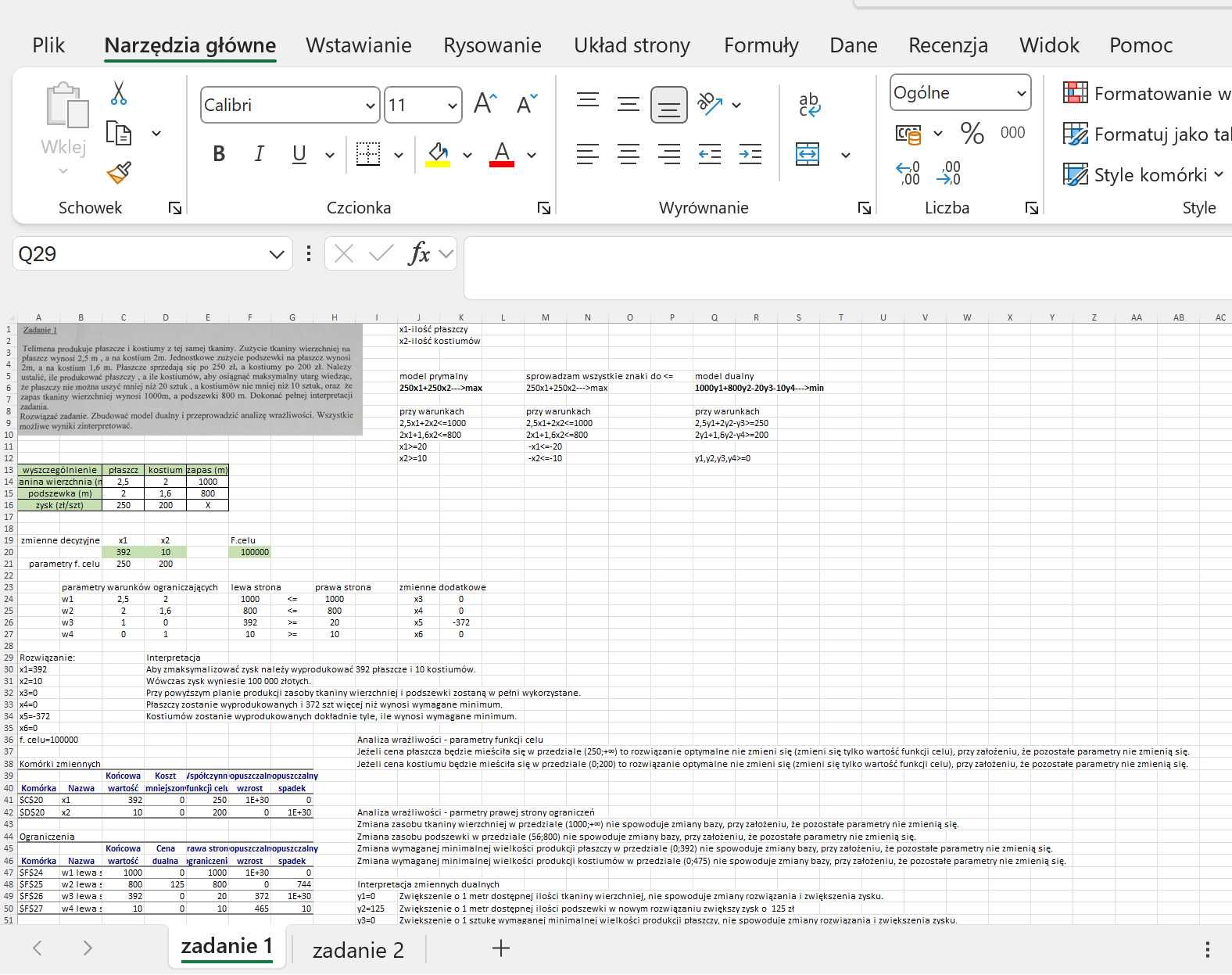 Korepetycje, rozwiązywanie zadań, EXCEL, SOLVER, programowanie liniowe