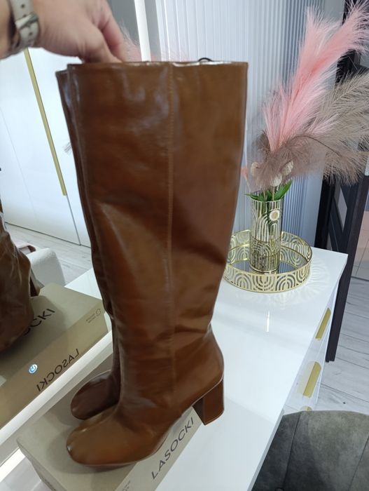 Brązowe kozaki ze skóry naturalnej Zara,r.39