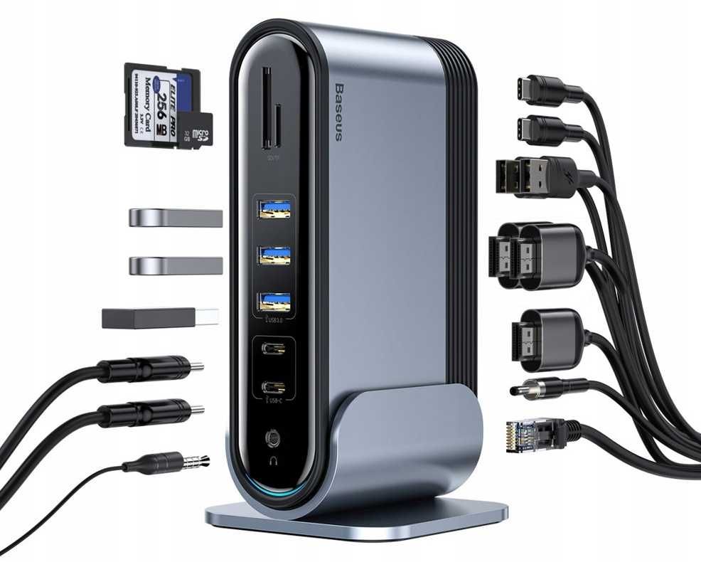 Stacja dokująca BaseUs Hub USB 2x USB-C SD AUX 3x HDMI karta sieciowa
