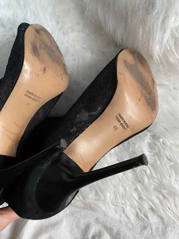 Czarne koronkowe ażurowe szpilki botki peep toe Vero Cuoio rozmiar 41