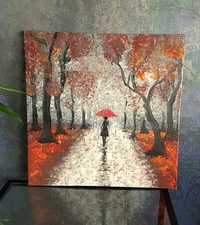Obraz na płótnie, akryl, spacer, las, jesień, czerwony parasol, jes