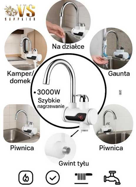 Elektryczny przepływowy podgrzewacz wody 3000W – kran LCD 30-60°C