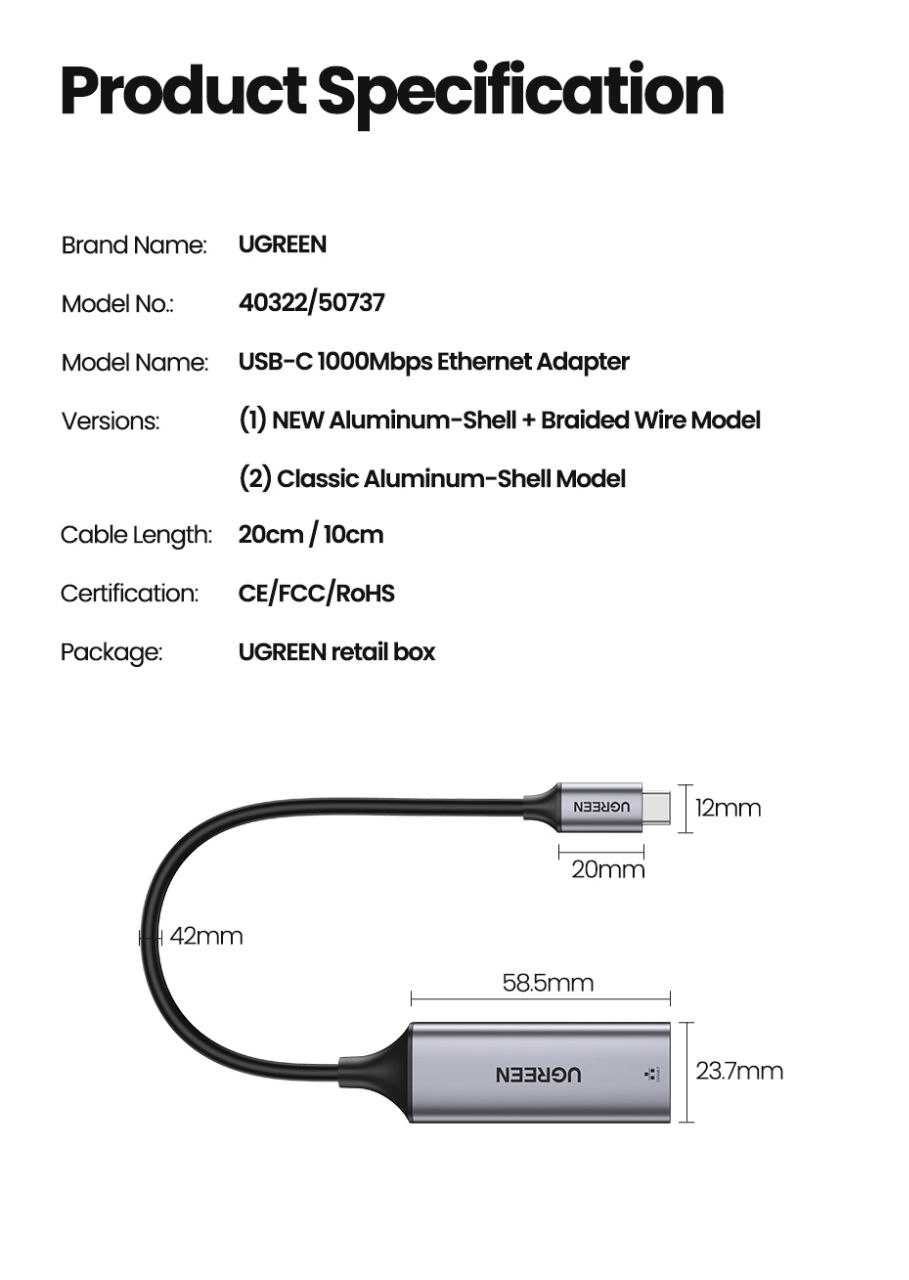 Ethernet адаптер Ugreen Type-C to Gigabit Ethernet RJ45 1000Mbps CM199