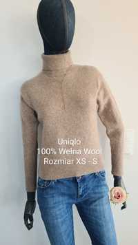 Golf Uniqlo 100% Wełna Wool. Rozmiar XS 34 / S 36. Beżowy Kremowy