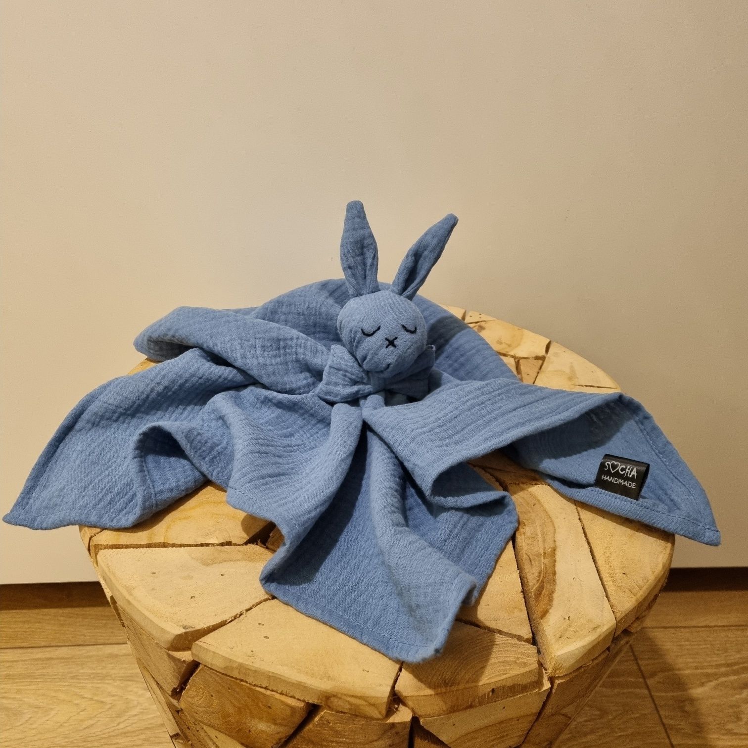 Przytulanka szmatka muślin bawełna prezent babyshower niebieski