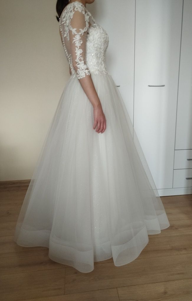 Suknia ślubna 38/40 biała koronka perła NOWA bride dress luxuary ślub