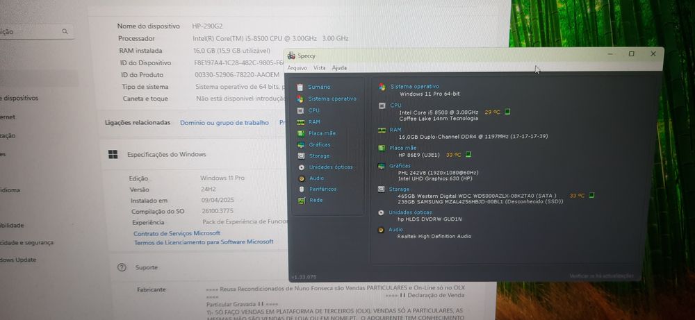 Pç HP Pro 290G2 8ªG|i5.8500-4.0G|16G|NVMe256+HDD500|Wifi+BT|HDMI|W11
