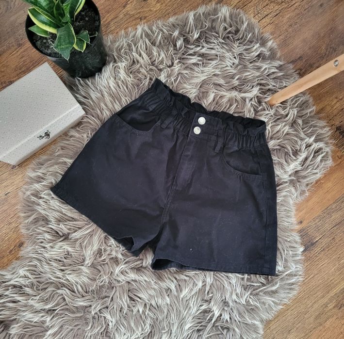 Czarne spodenki damskie XS szorty paper bag z wysokim stanem krótkie