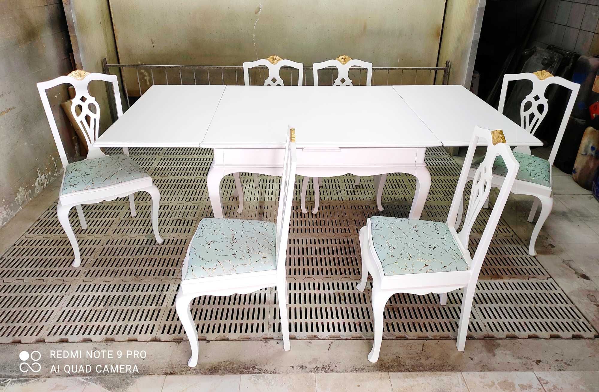 mesa de abas e cadeiras, modelo Queen Anne.  lacado branco de fábrica