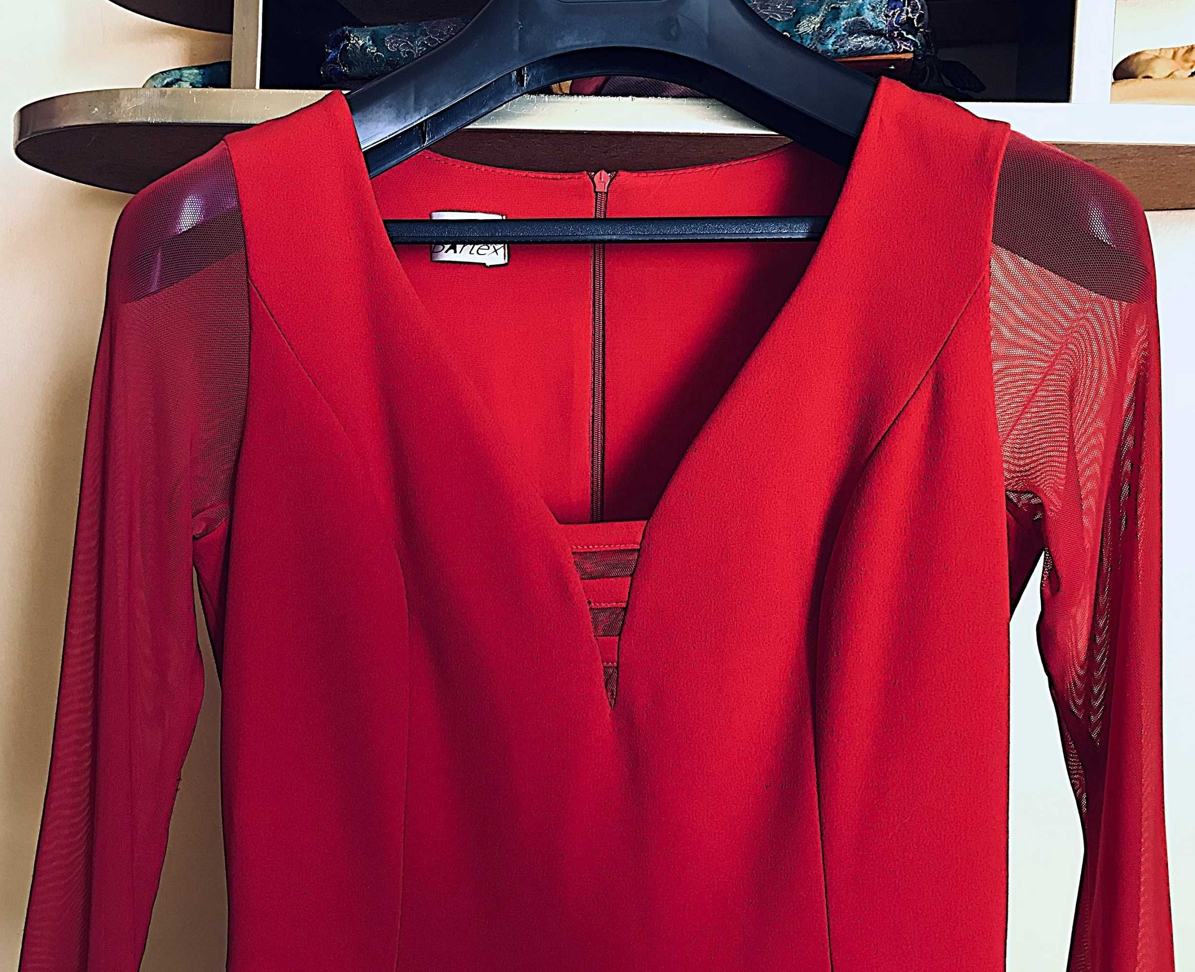 sukienka midi bartex długi rękaw dekolt tiul czerwona plus size 44