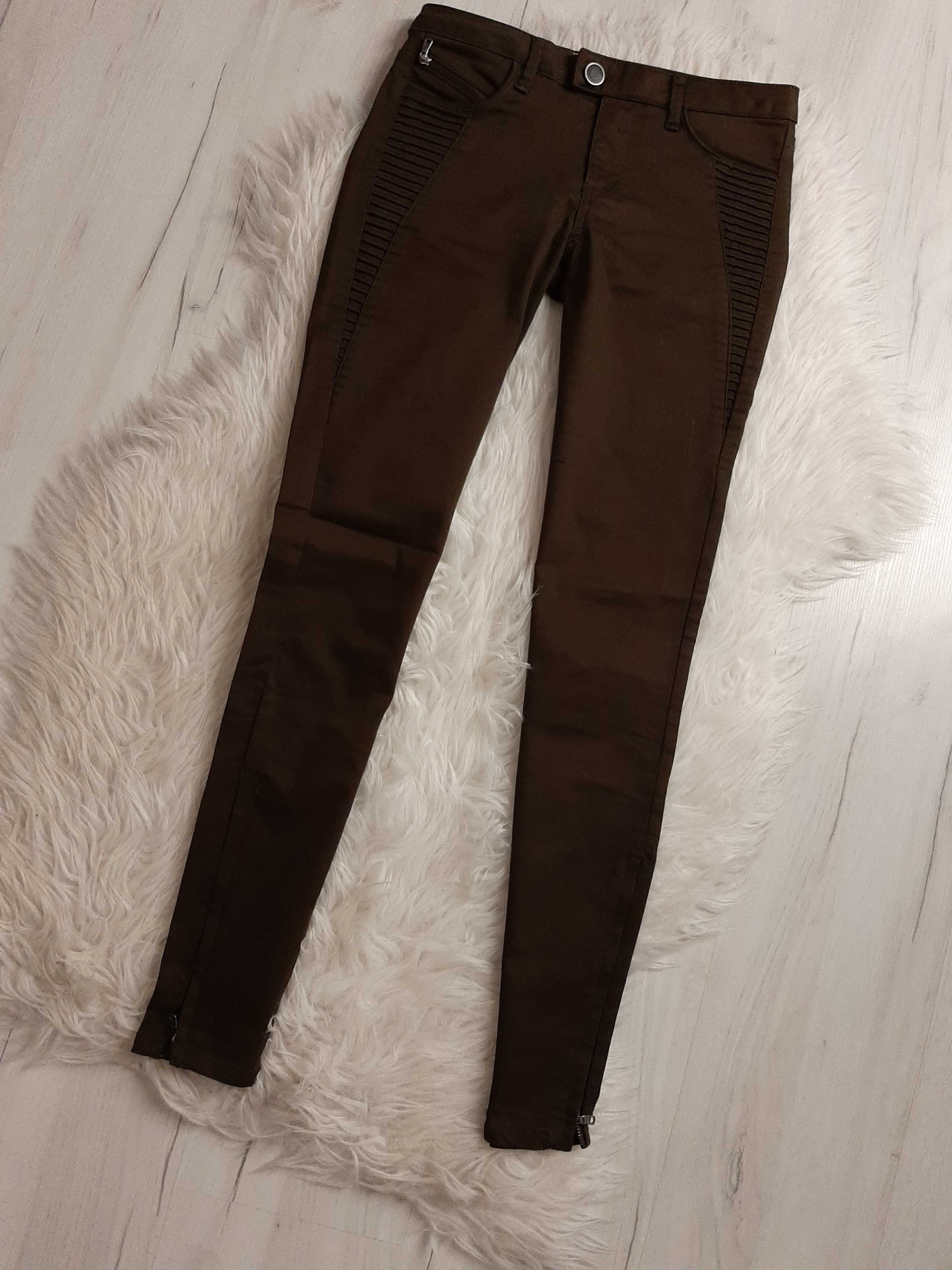 ZARA piękne jeansy rurki z zameczkami khaki brąz XS 34