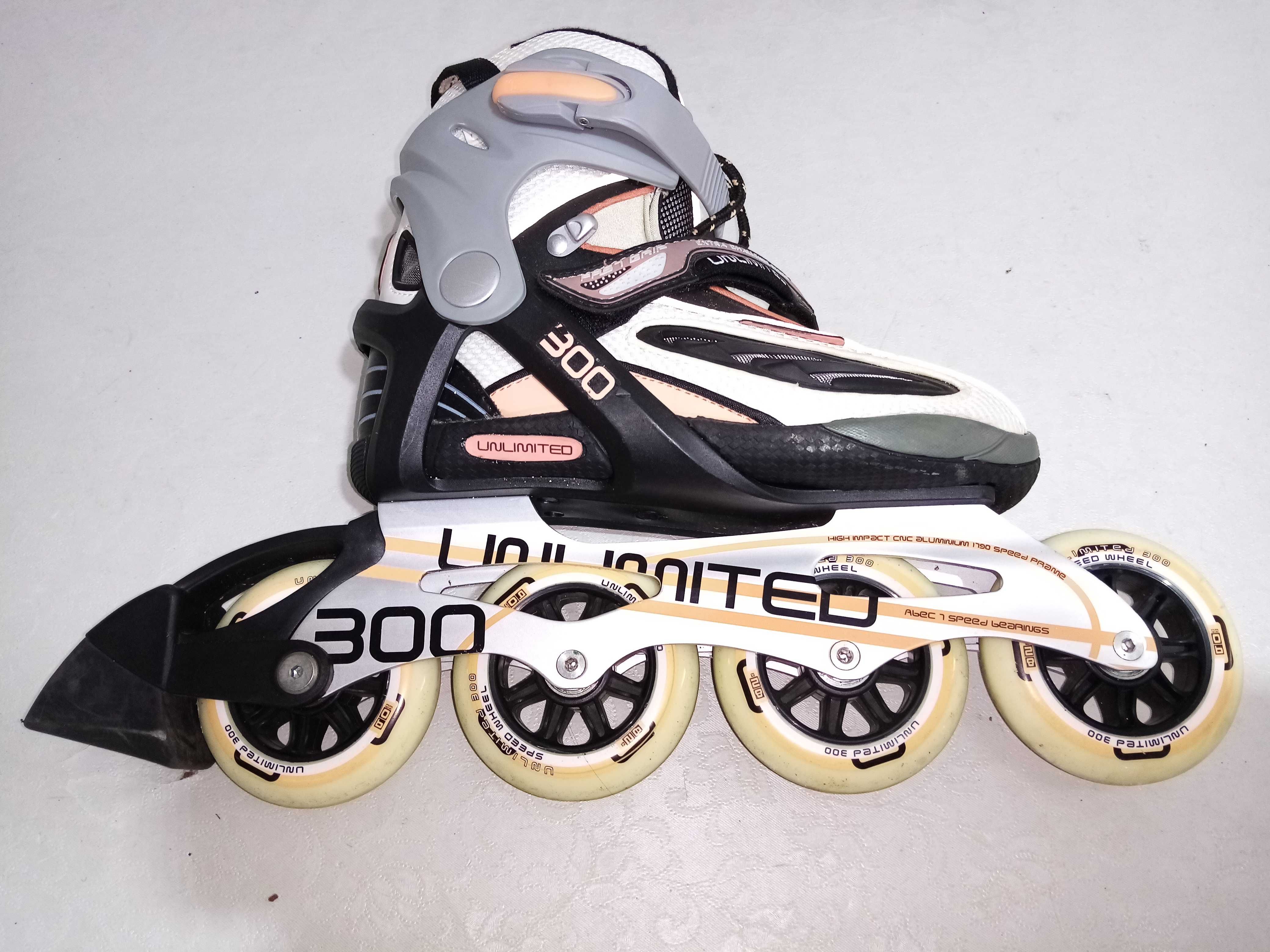 rolki UNLIMITED 300  kauczukowe kółka  90 aluminiowa płoza 37 BDB