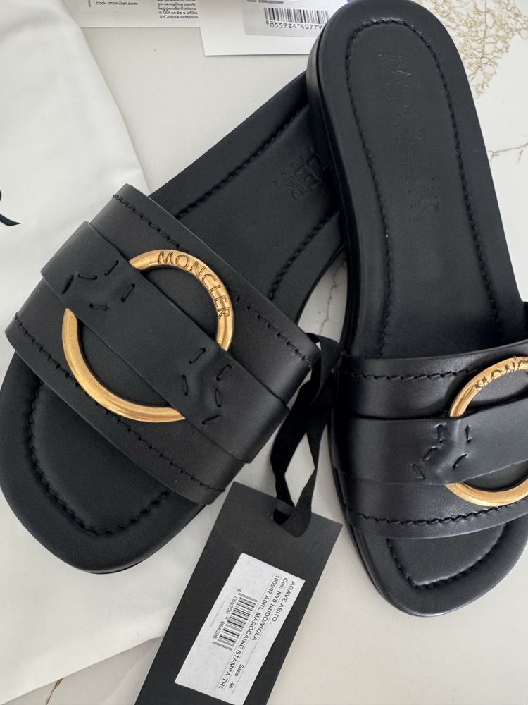 -40% MONCLER czarne KLAPKI BELL skórzane zlote logo 100% Oryginalne 40