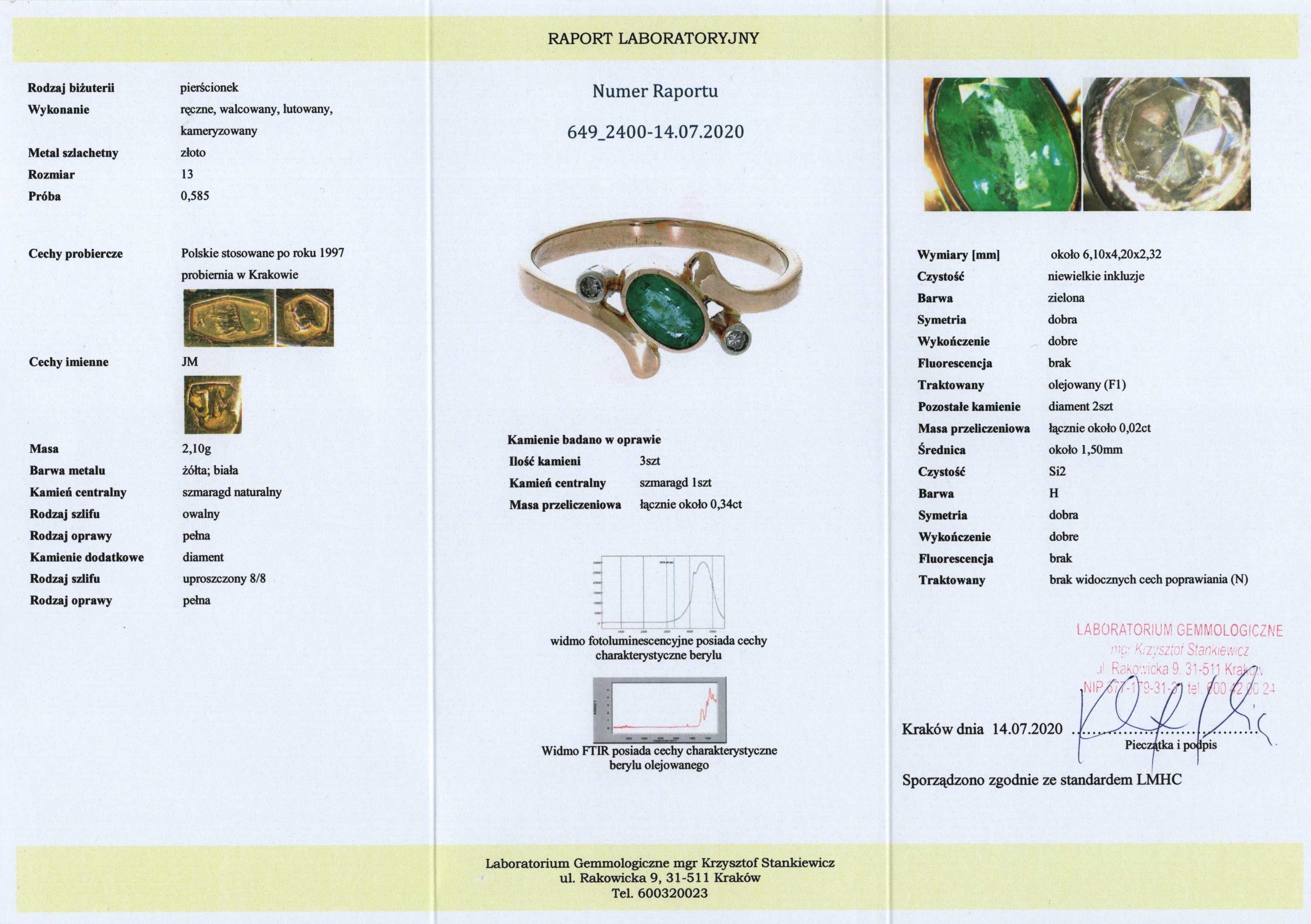 Szmaragdowy Złoty Pierścionek - 2,10g - DIAMENTY - KRAKÓW