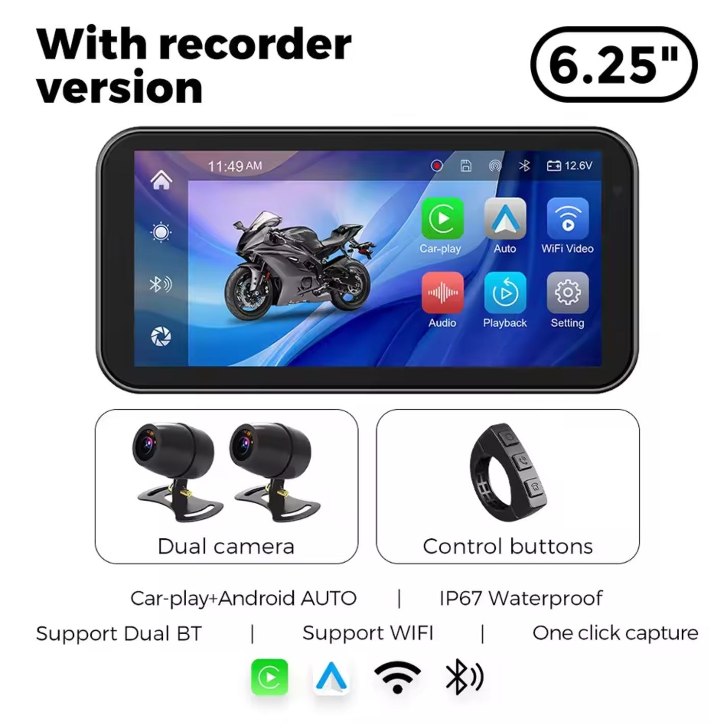 6.25 Rejestrator Motocyklowy FHD CarPlay Android Auto IP67 Dual Kamera
