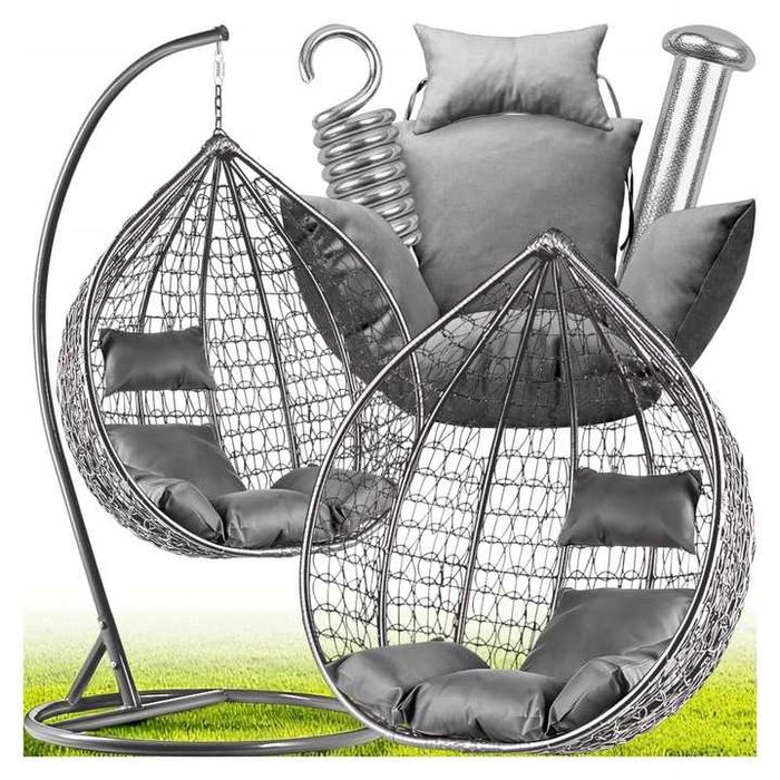 Fotel wiszący kokon ogrodowy kosz bujany huśtawka ze stelażem szary