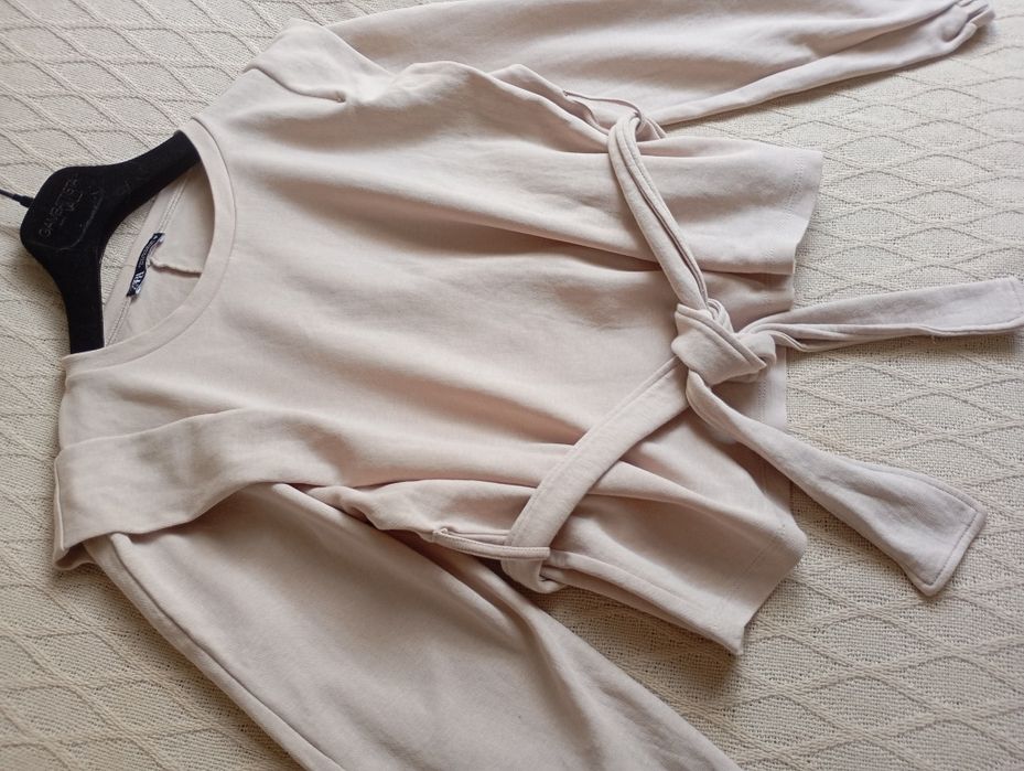 ZARA S beżowa ciekawa bawełniana bluza sweterek top z paskiem