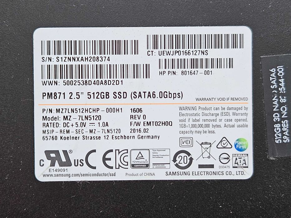 SSD 512Gb SATA 2.5 Samsung PM871 MZ-7LN5120 MZ7LN512HCHP