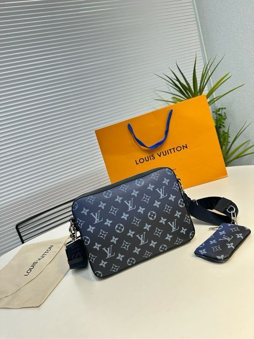 Louis Vuitton trio messenger сумка 3v1, 3в1 мужская синяя кожаная