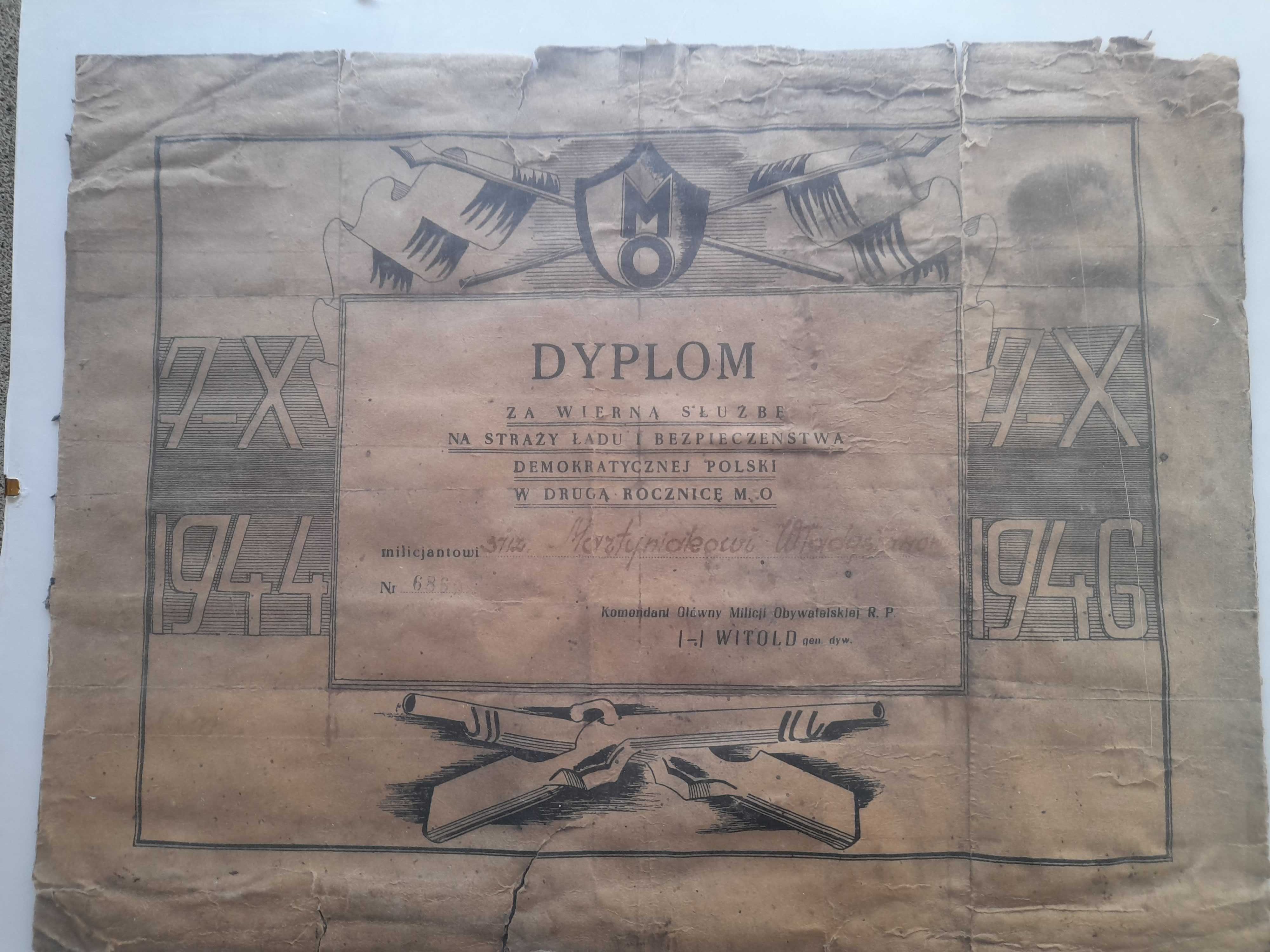 Mo milicja 1946 dyplom KGMO RP zamiast PRL ps. Witold. Oryginalny