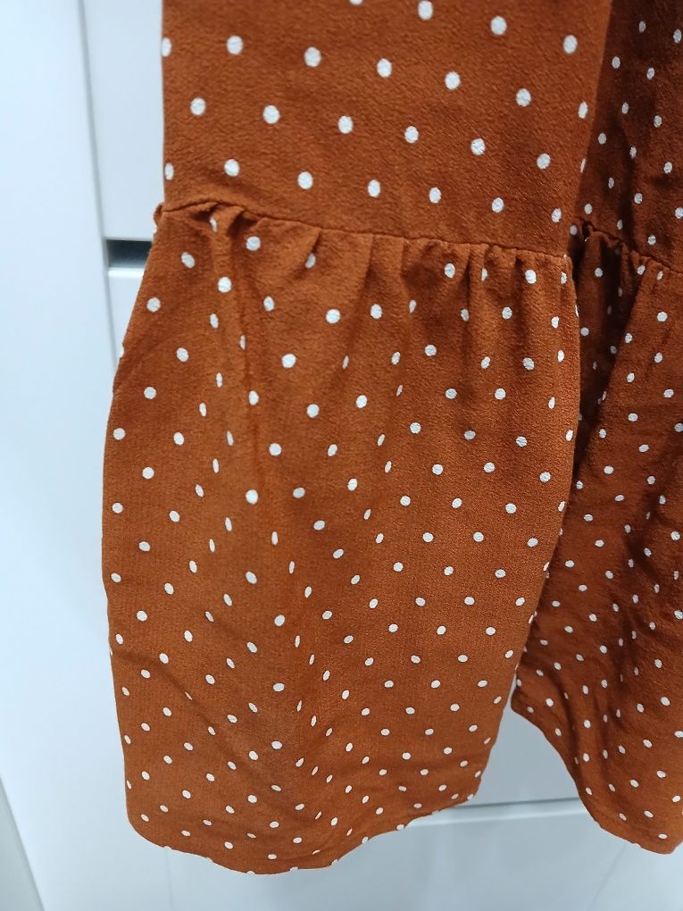H&M karmelowa sukienka w białe grochy 34/36 maxi długa
