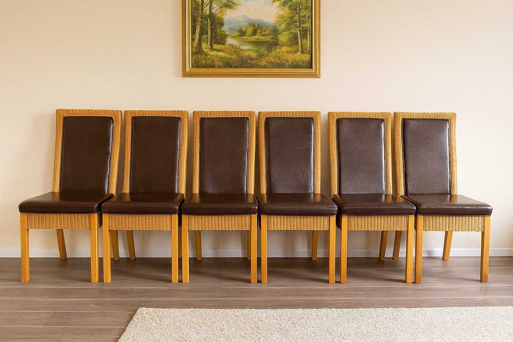 Krzesła skórzane 6, oryginalna plecionka LLOYD LOOM. Lepsze niż rattan