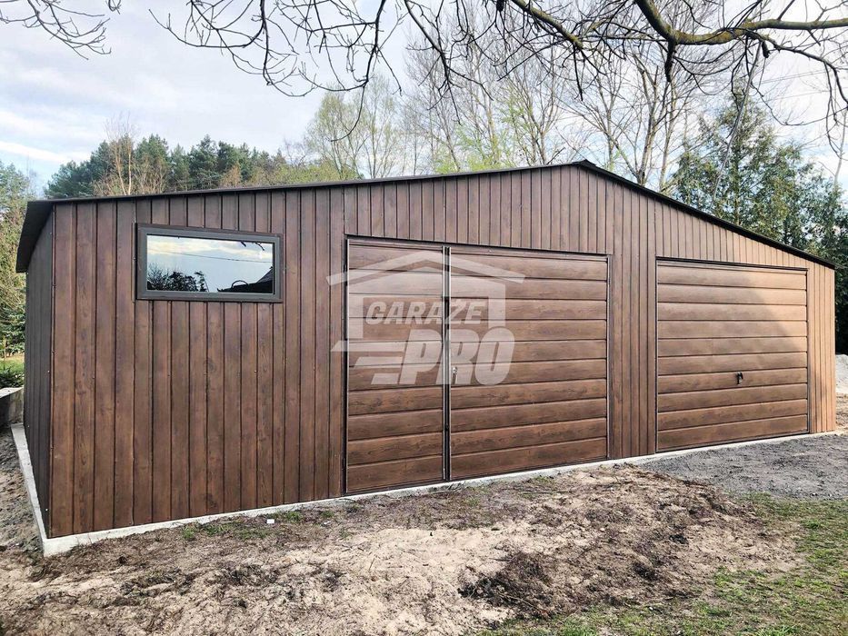 Garaż blaszany 9x6 2x Brama + Drzwi + okno drewnopodobny GP137