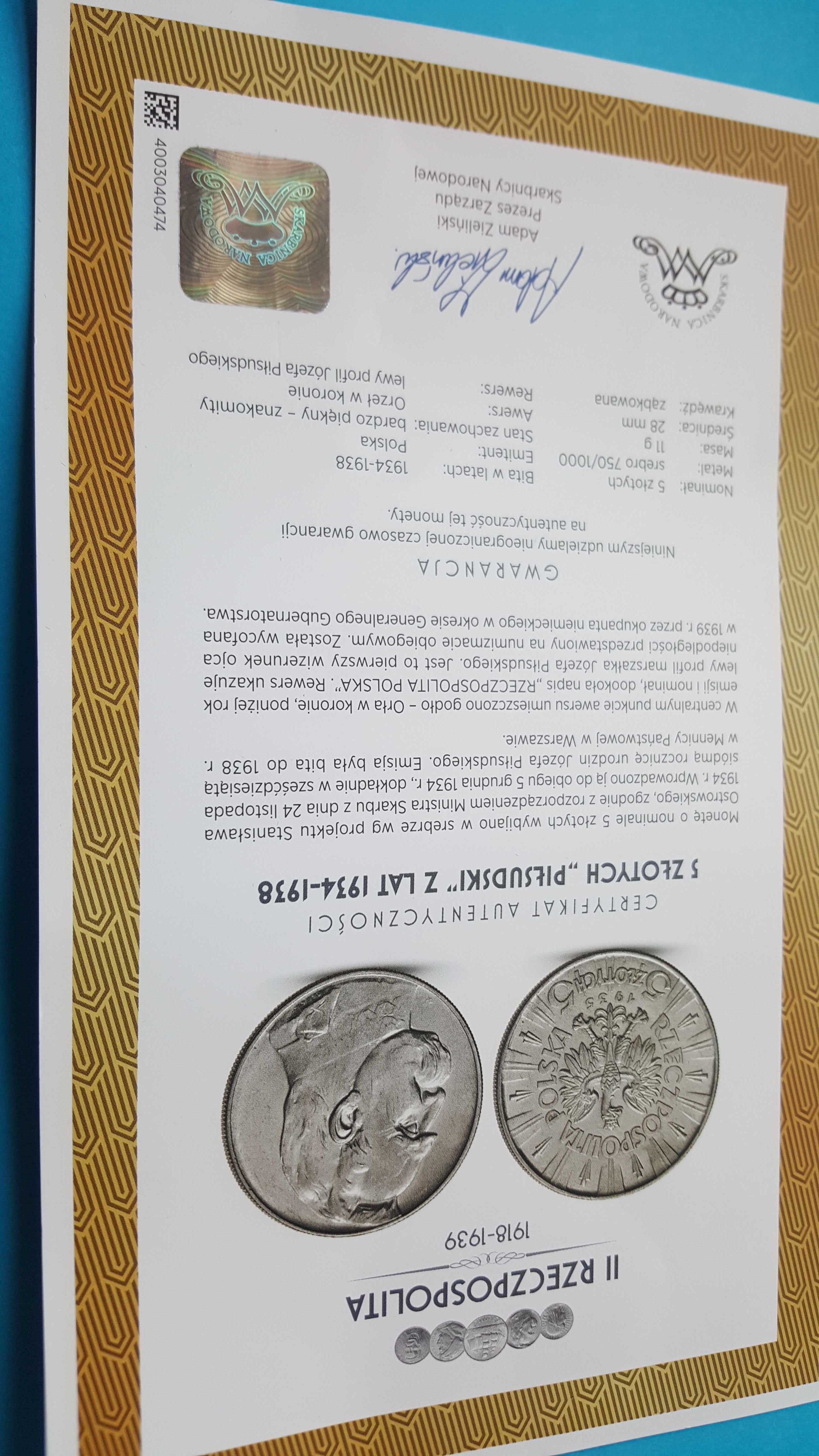 5 Złotych 1936  Piłsudski stan znakomity , certyfikat