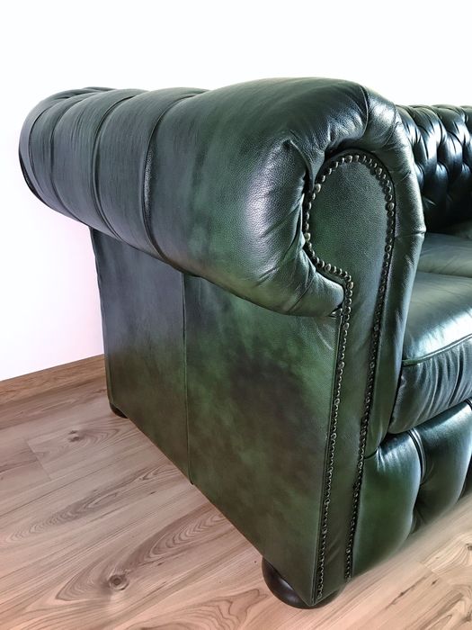 Sofa skórzana chesterfield zielona, skóra naturalna antykowana, 3 os.