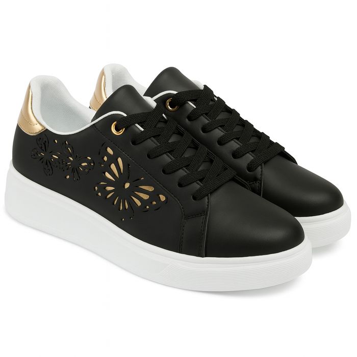 Czarne sneakersy damskie na jesień ażurkowy motylek złote dodatki r.39