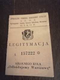 Legitymacja Szkolne KOŁO ODBUDUJEMY WARSZAWĘ 1951