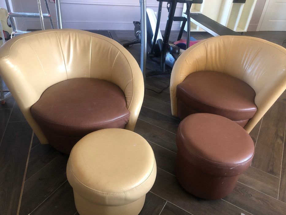 Kanapa, 2 fotele, 2 pufy skóra naturalna zestaw wypoczynek komplet