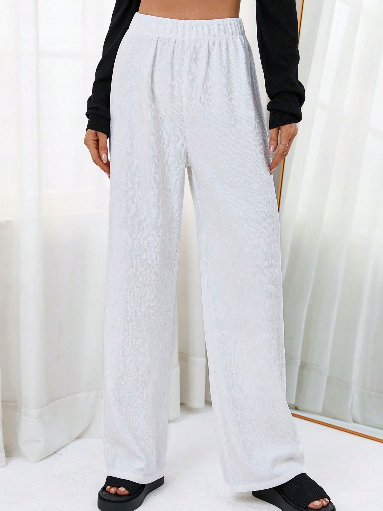 Spodnie Teksturowane Wysoki Stan Elastyczna Talia Shein Xs