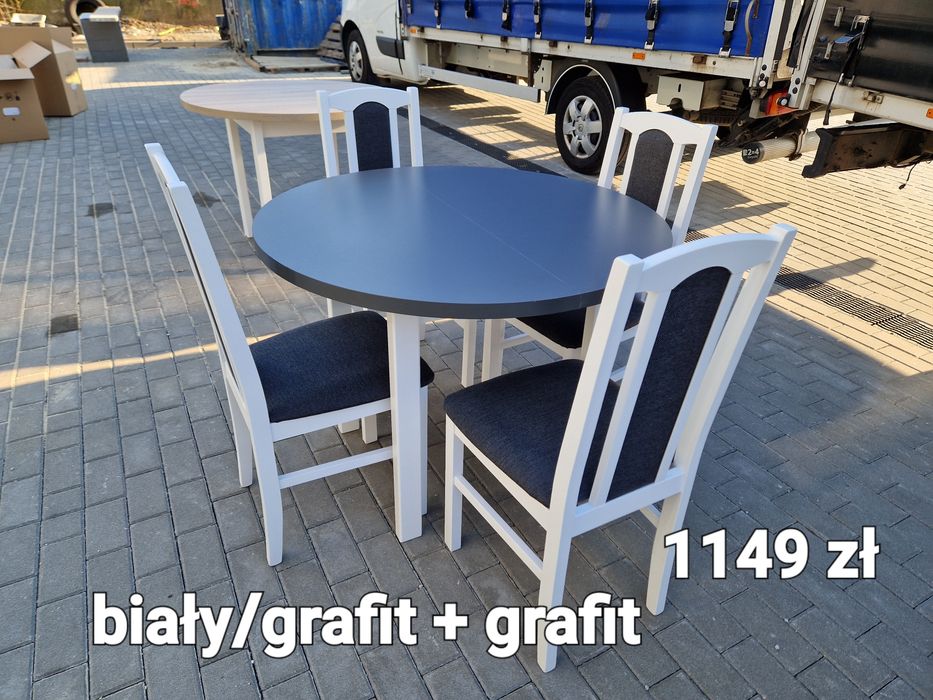 Nowe: Stół okrągły + 4 krzesła, bialy/grafit + grafit , dostawa PL