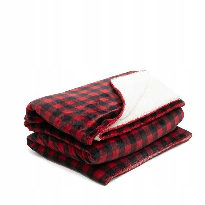 Koc świąteczny AMERI w kratę z szerpą czerwony 150x200