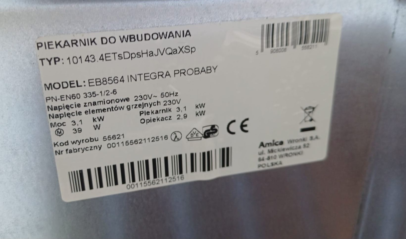 Piekarnik do zabudowy Amica EB8564 Integra Probaby