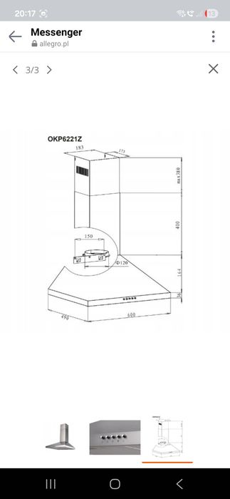 Okap kominowy przyścienny Amica OKP6221Z 60cm 388 m³/h 58-65 dB LED Sr