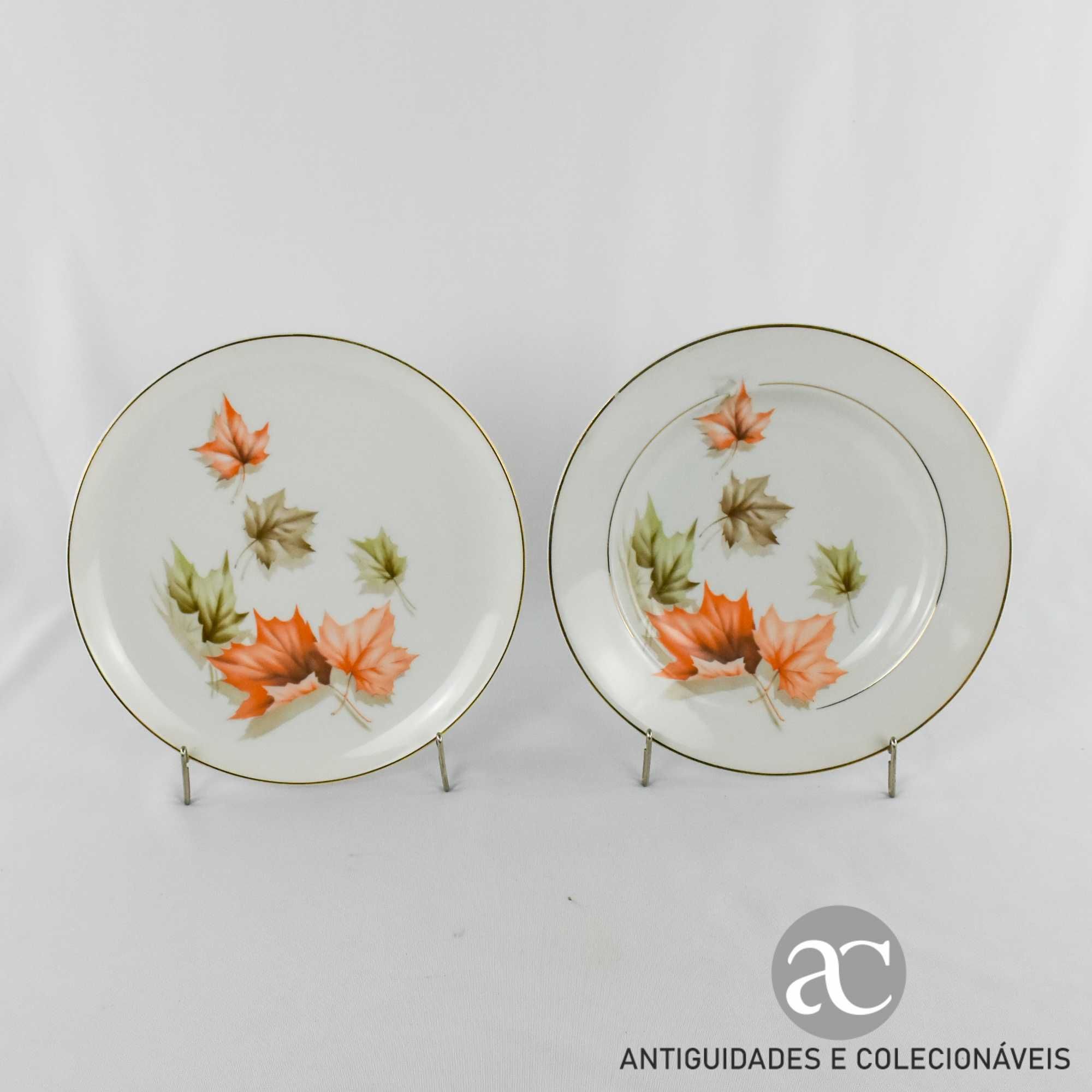 Conjunto 2 pratos decoração folhas e frisos a ouro porcelana Artibus