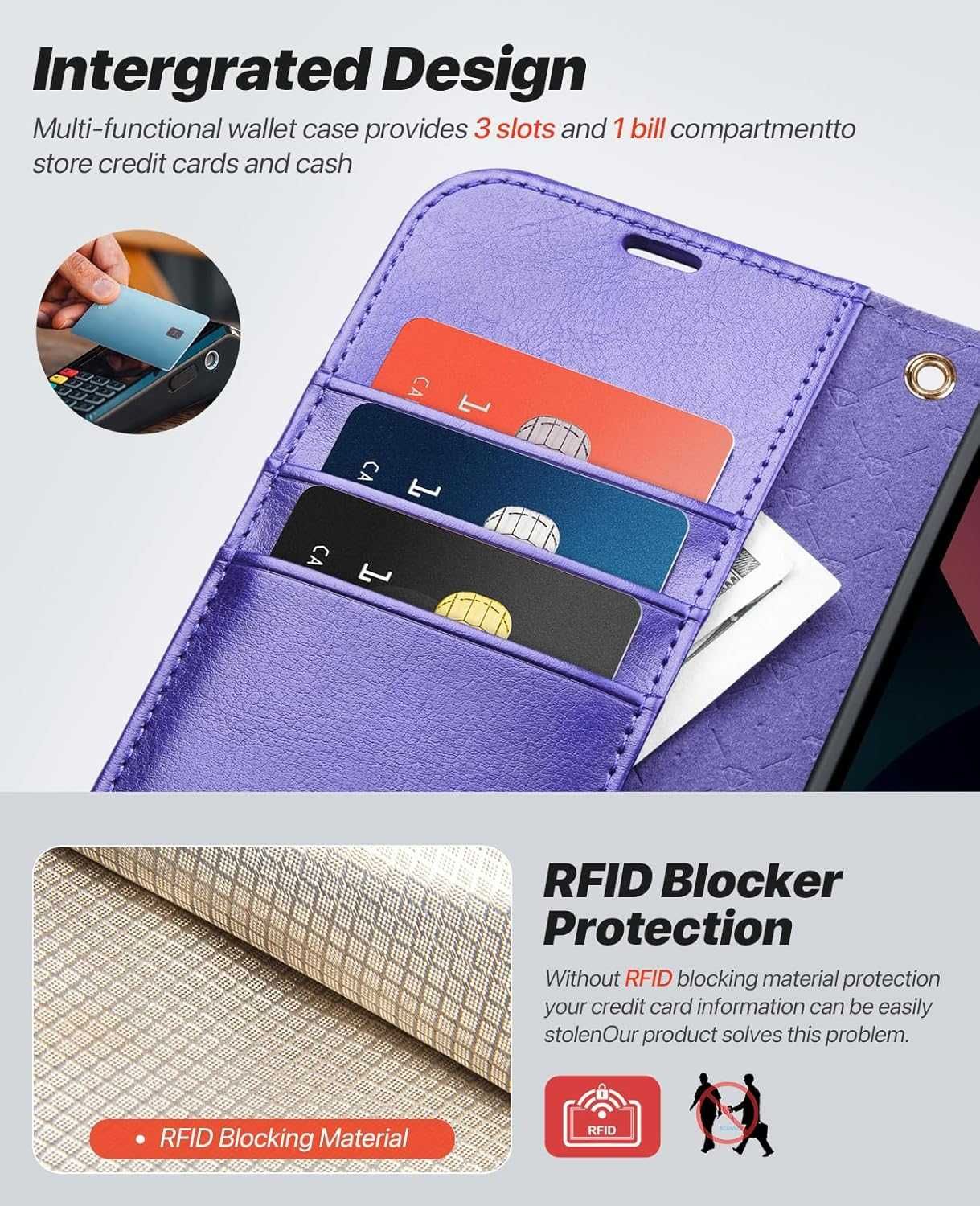 Ocase etui skórzane z klapką iPhone 15 magsafe stojak fiolet RFID 2w1