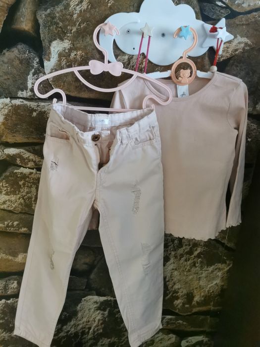 Komplet pudrowy róż :) spodnie przetarcia +bluzka 110