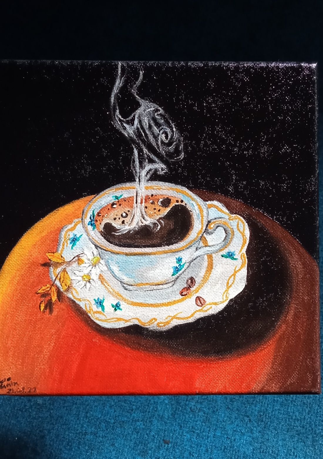 Quadro chávena de café envernizado pintado à mão em tela a óleo
