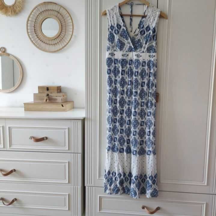 Sukienka długa maxi H&M S M 36 wiskoza biała niebieska grecka