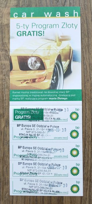 Karnet myjnia BP program złoty 5 myć. Ważność to czerwiec 202
