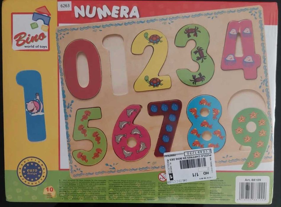 Puzzle de madeira com números, BINO World of toys, NOVO, selado.