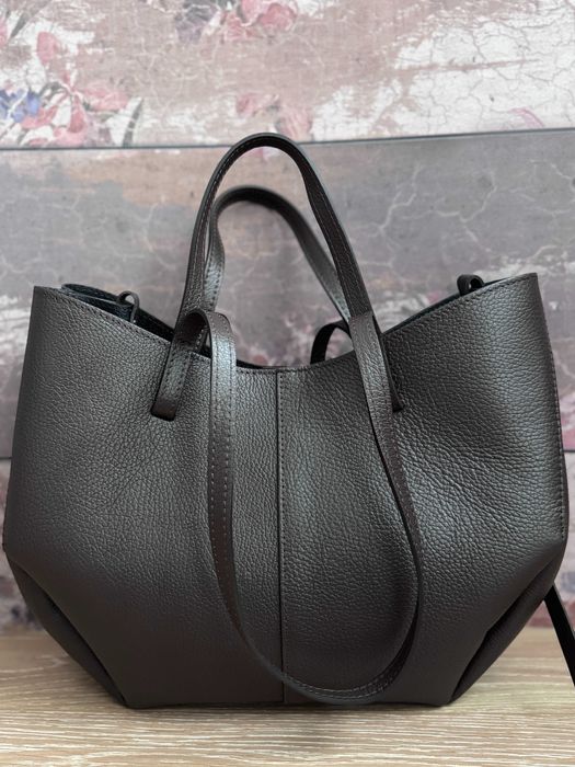 BRĄZOWY shopper z kosmetyczką skóra naturalna Made In Italy